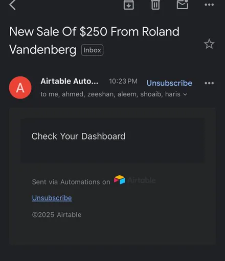 Email notification: New sale of $250 from Roland Vandenberg
