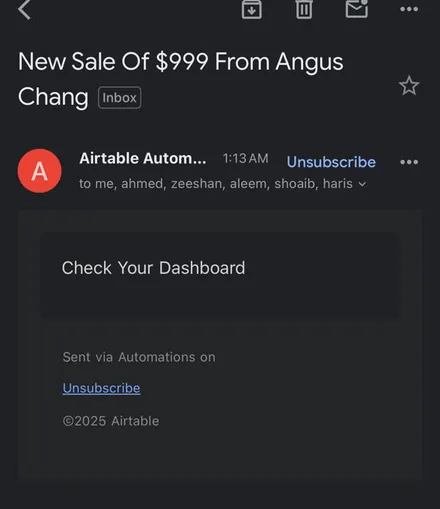 Email notification: New sale of $999 from Angus Chang