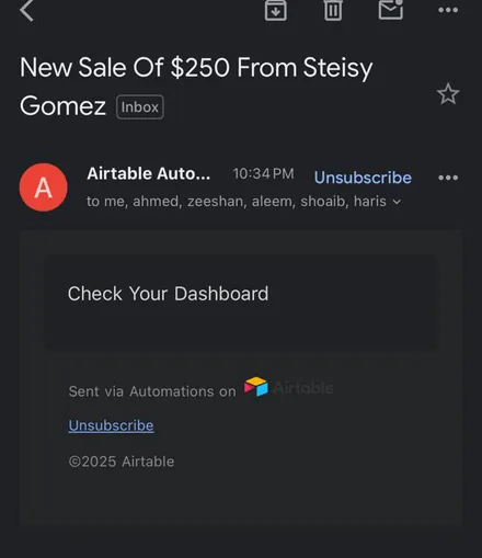 Email notification: New sale of $250 from Steisy Gomez
