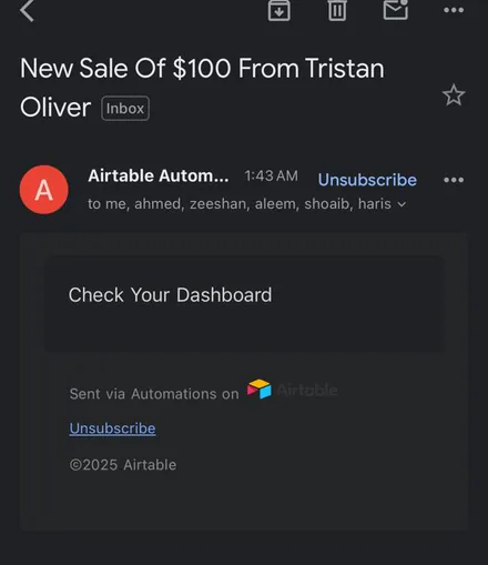 Email notification: New sale of $100 from Tristan Oliver