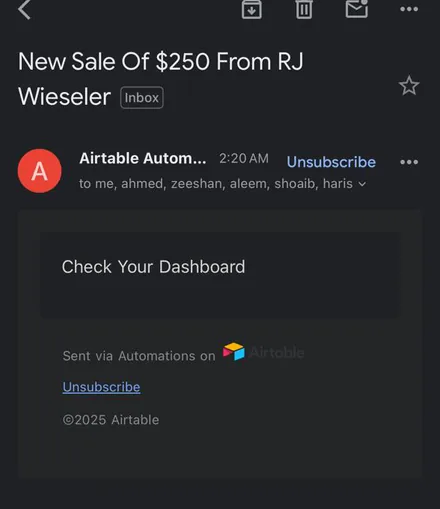 Email notification: New sale of $250 from RJ Wieseler