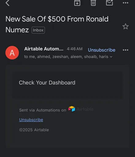 Email notification: New sale of $500 from Ronald Numez