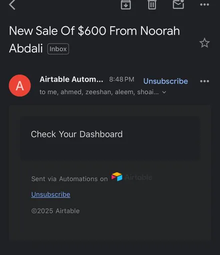 Email notification: New sale of $600 from Noorah Abdali
